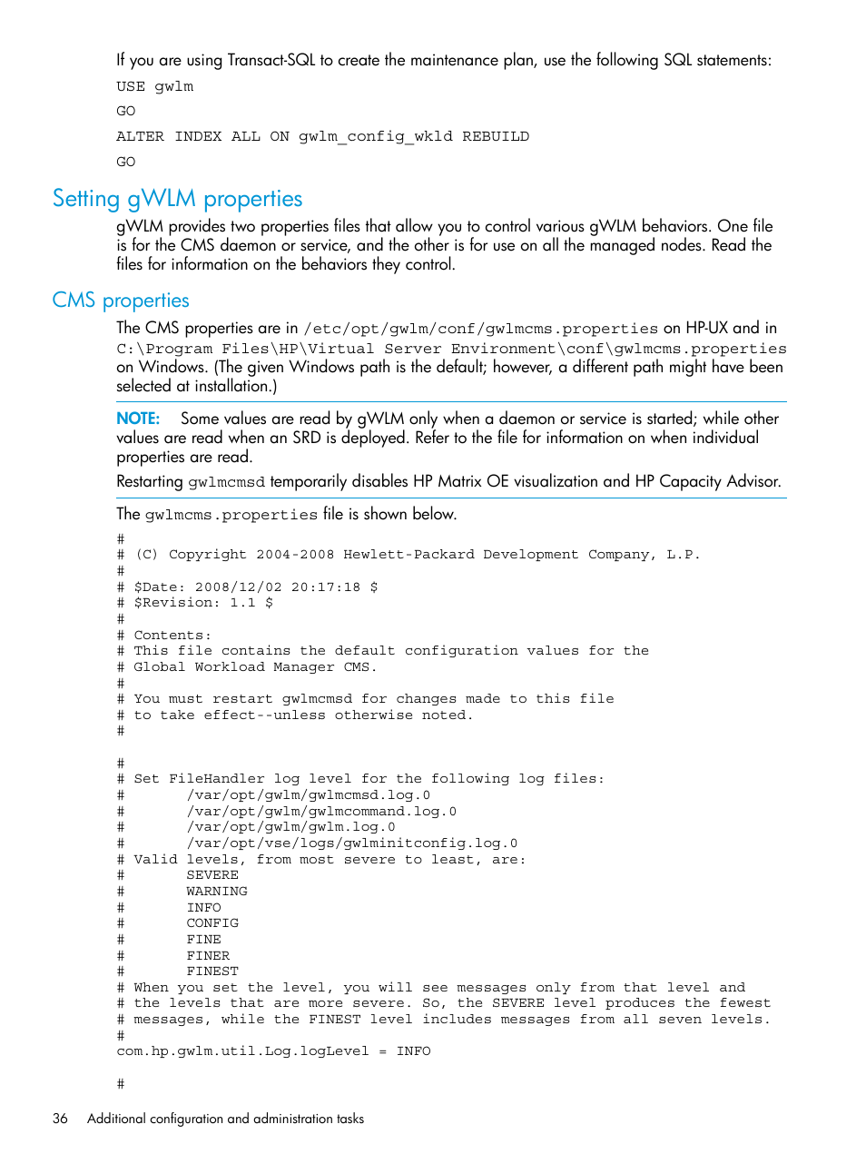 Setting gwlm properties, Cms properties | HP Matrix Operating Environment Software User Manual | Page 36 / 70