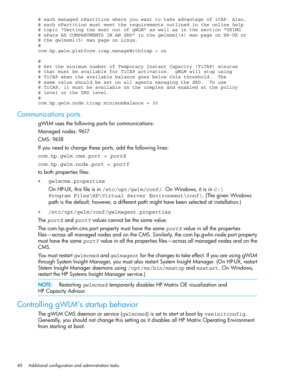 Communications ports, Controlling gwlm’s startup behavior | HP Matrix Operating Environment Software User Manual | Page 40 / 70