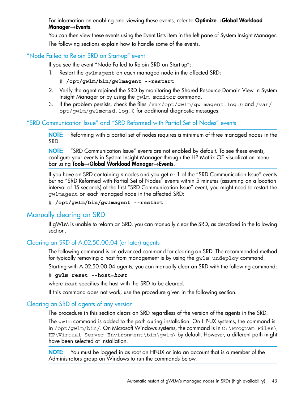 Node failed to rejoin srd on start-up” event, Manually clearing an srd, Clearing an srd of a.02.50.00.04 (or later) agents | Clearing an srd of agents of any version | HP Matrix Operating Environment Software User Manual | Page 43 / 70