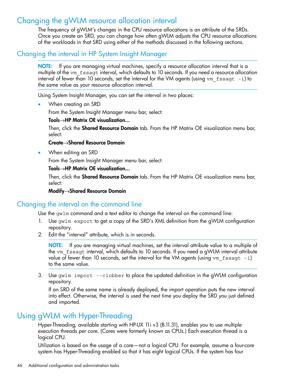 Changing the gwlm resource allocation interval, Changing the interval in hp system insight manager, Changing the interval on the command line | Using gwlm with hyper-threading | HP Matrix Operating Environment Software User Manual | Page 46 / 70