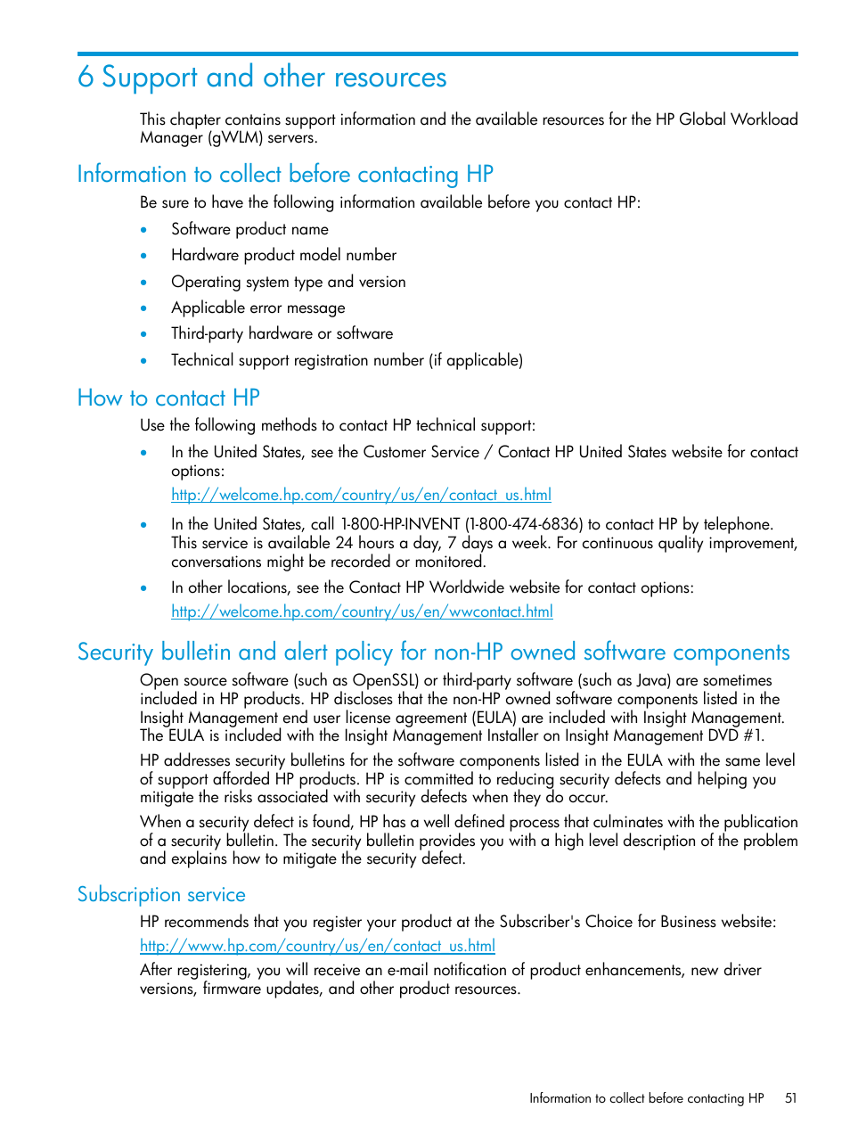6 support and other resources, Information to collect before contacting hp, How to contact hp | Subscription service | HP Matrix Operating Environment Software User Manual | Page 51 / 70