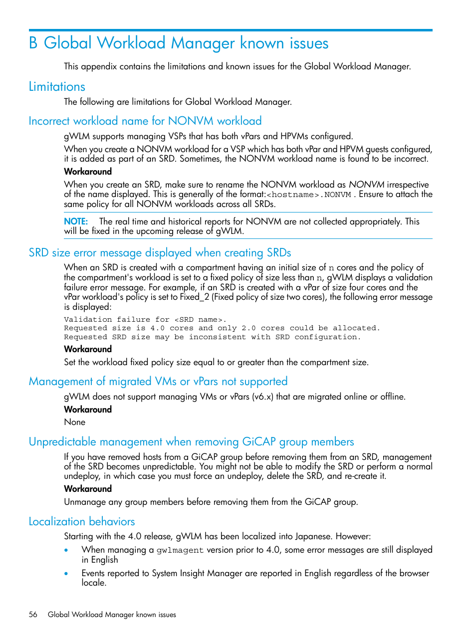 B global workload manager known issues, Limitations, Incorrect workload name for nonvm workload | Management of migrated vms or vpars not supported, Localization behaviors | HP Matrix Operating Environment Software User Manual | Page 56 / 70