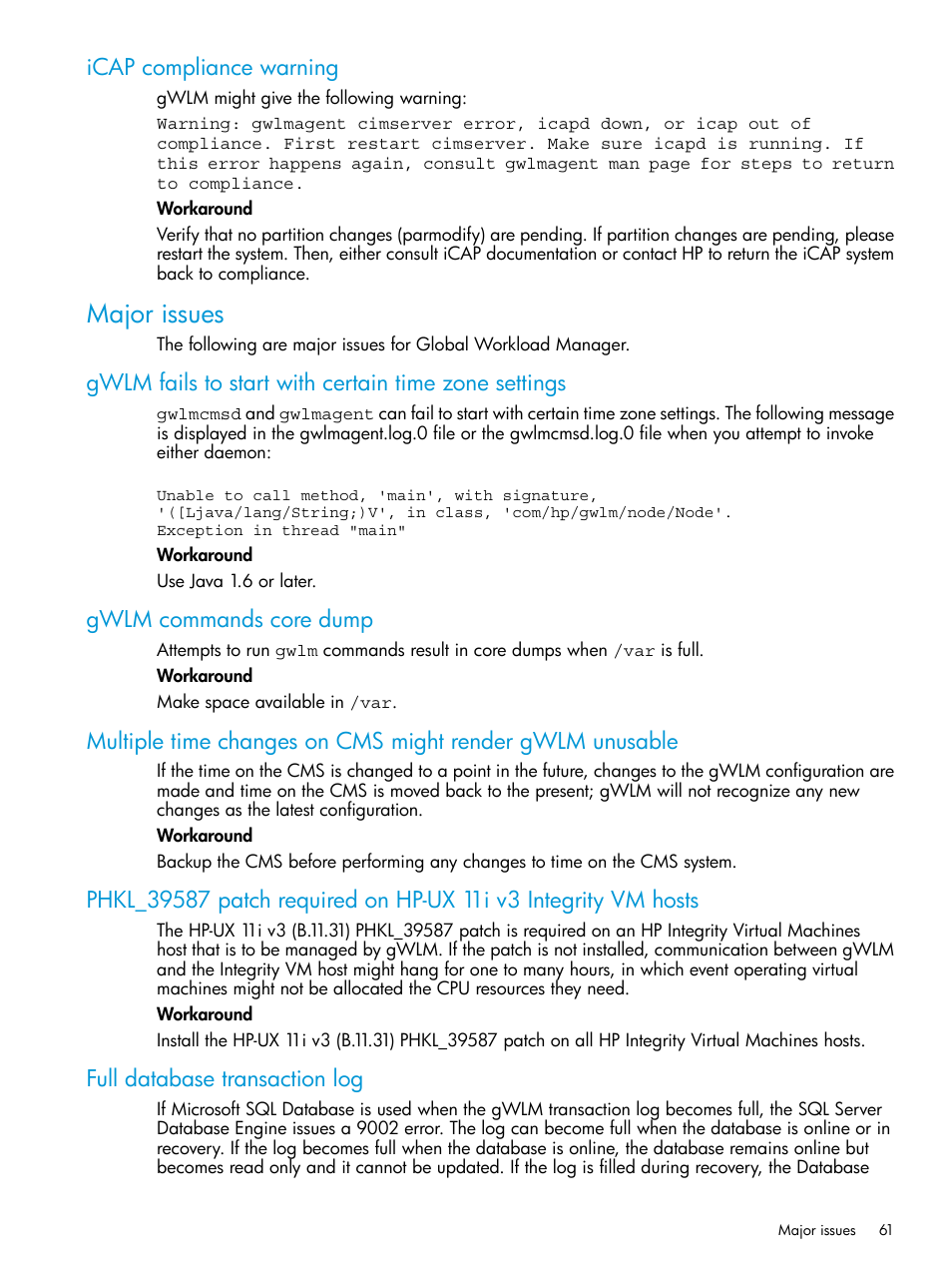 Icap compliance warning, Major issues, Gwlm commands core dump | Full database transaction log | HP Matrix Operating Environment Software User Manual | Page 61 / 70