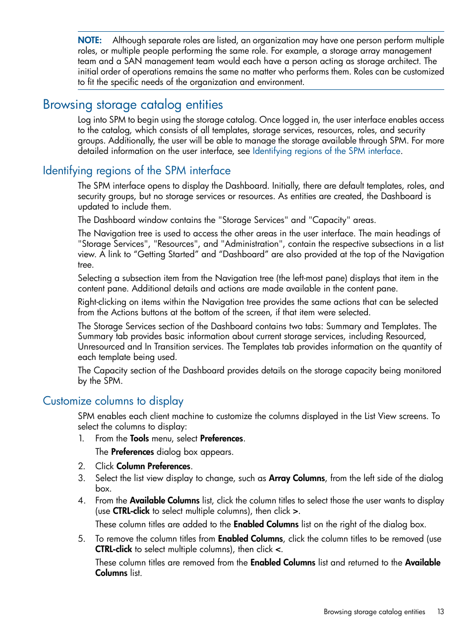 Browsing storage catalog entities, Identifying regions of the spm interface, Customize columns to display | HP Matrix Operating Environment Software User Manual | Page 13 / 95