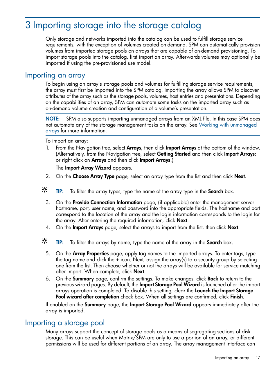 3 importing storage into the storage catalog, Importing an array, Importing a storage pool | Importing an array importing a storage pool, Importing storage into the storage catalog | HP Matrix Operating Environment Software User Manual | Page 17 / 95