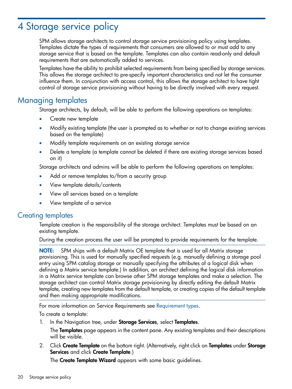 4 storage service policy, Managing templates, Creating templates | HP Matrix Operating Environment Software User Manual | Page 20 / 95