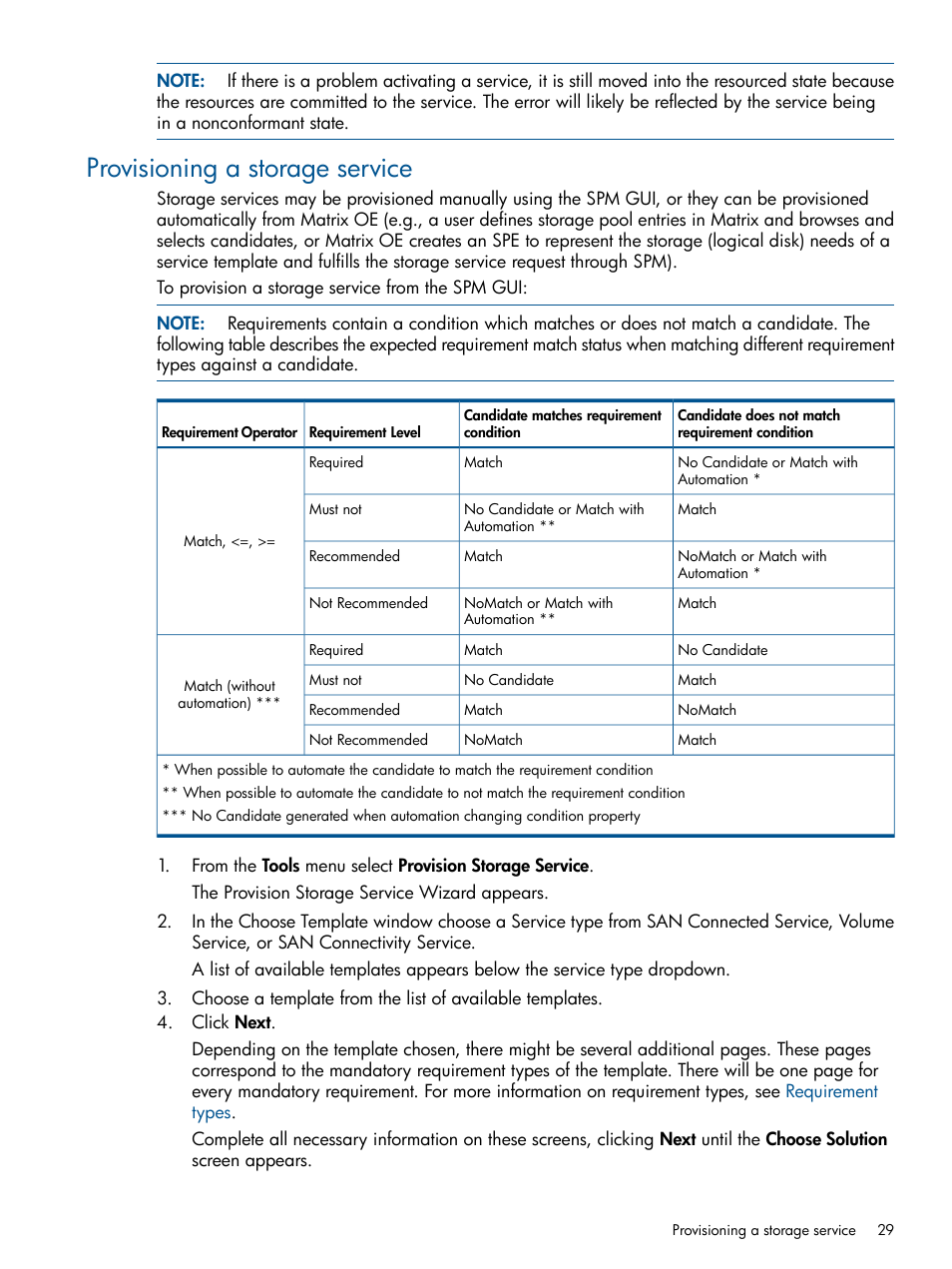 Provisioning a storage service | HP Matrix Operating Environment Software User Manual | Page 29 / 95