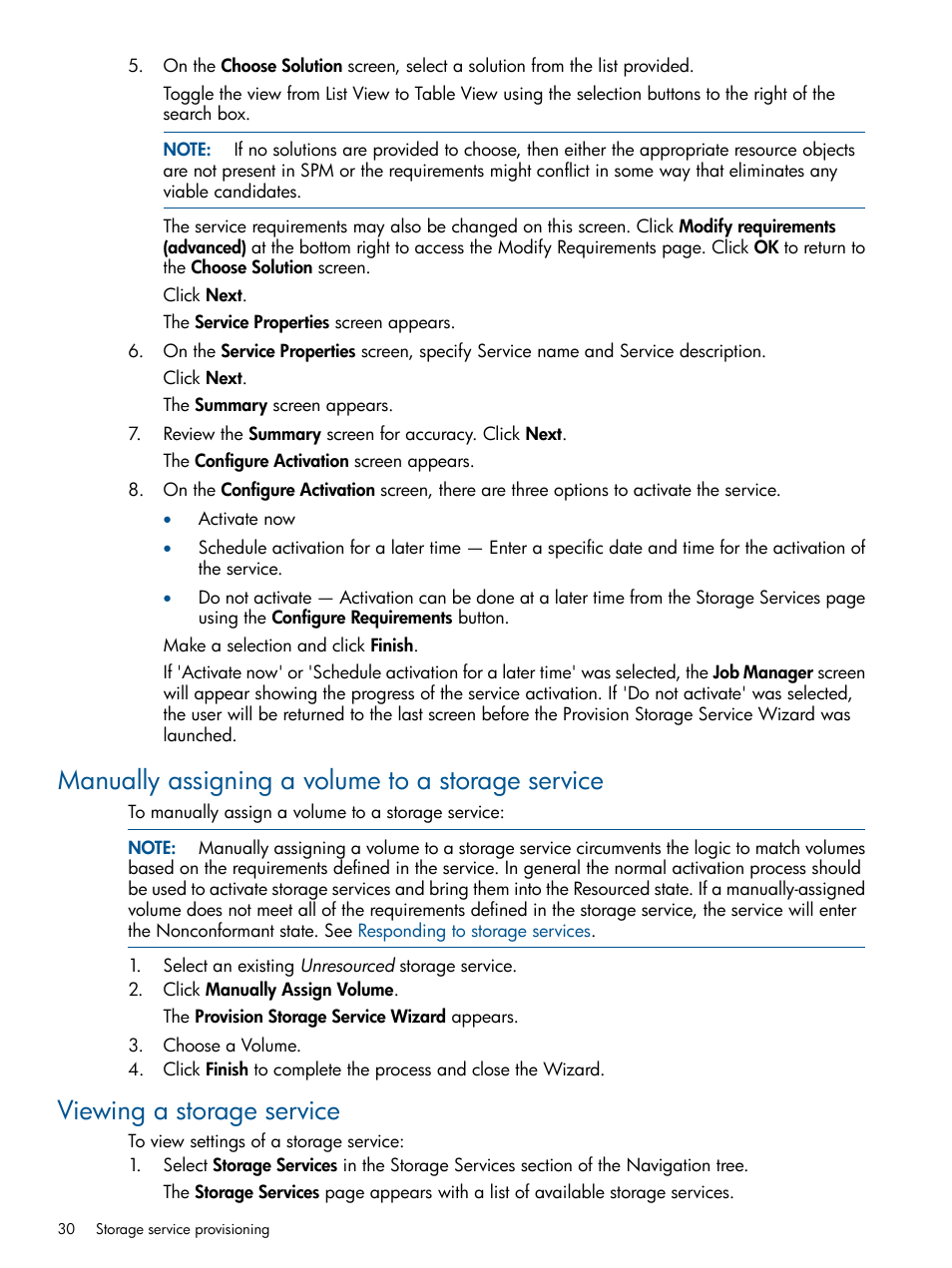 Manually assigning a volume to a storage service, Viewing a storage service | HP Matrix Operating Environment Software User Manual | Page 30 / 95