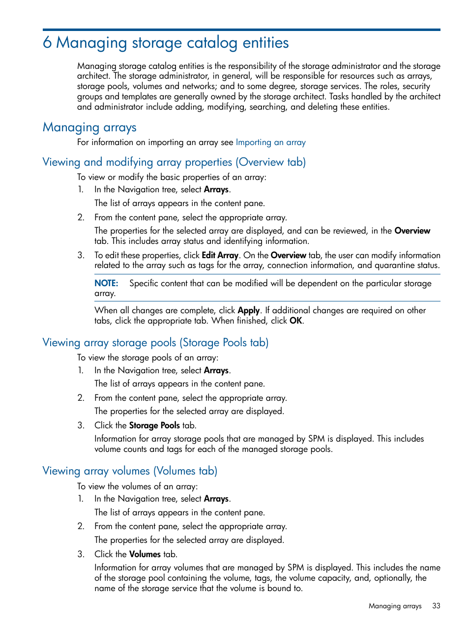 6 managing storage catalog entities, Managing arrays, Viewing array storage pools (storage pools tab) | Viewing array volumes (volumes tab), Managing storage catalog entities | HP Matrix Operating Environment Software User Manual | Page 33 / 95