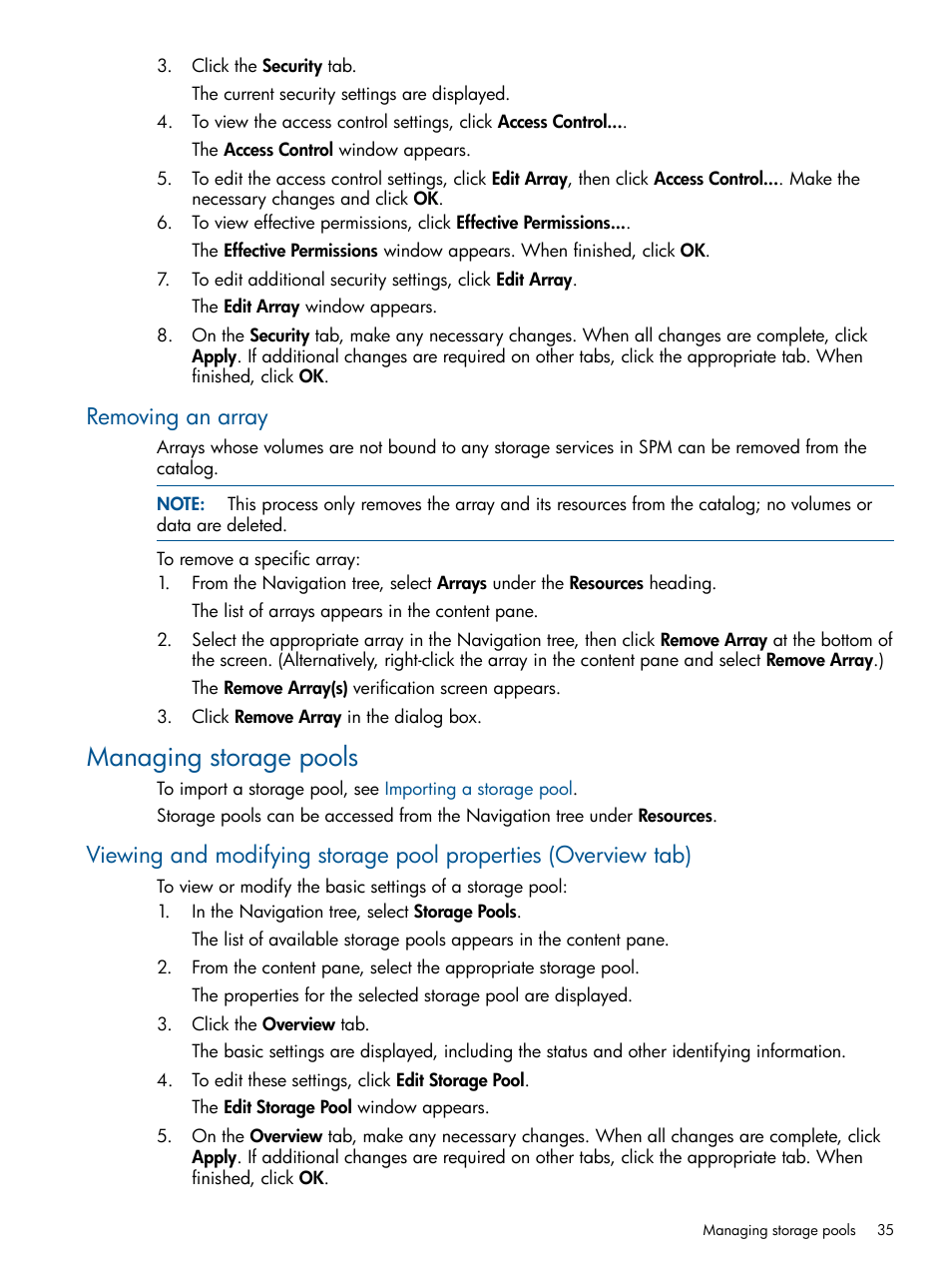 Removing an array, Managing storage pools | HP Matrix Operating Environment Software User Manual | Page 35 / 95