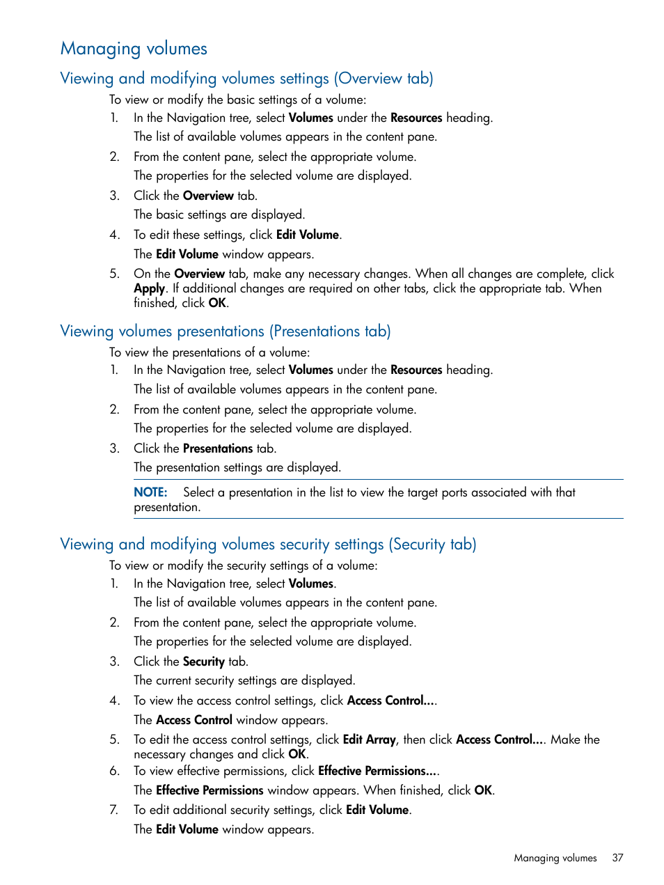 Managing volumes, Viewing volumes presentations (presentations tab) | HP Matrix Operating Environment Software User Manual | Page 37 / 95