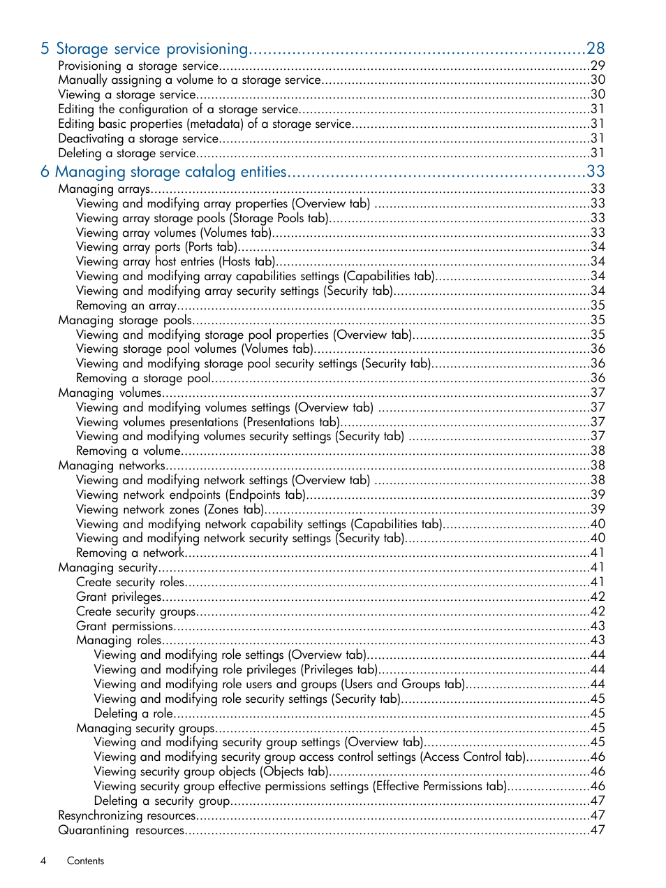 5 storage service provisioning, 6 managing storage catalog entities | HP Matrix Operating Environment Software User Manual | Page 4 / 95