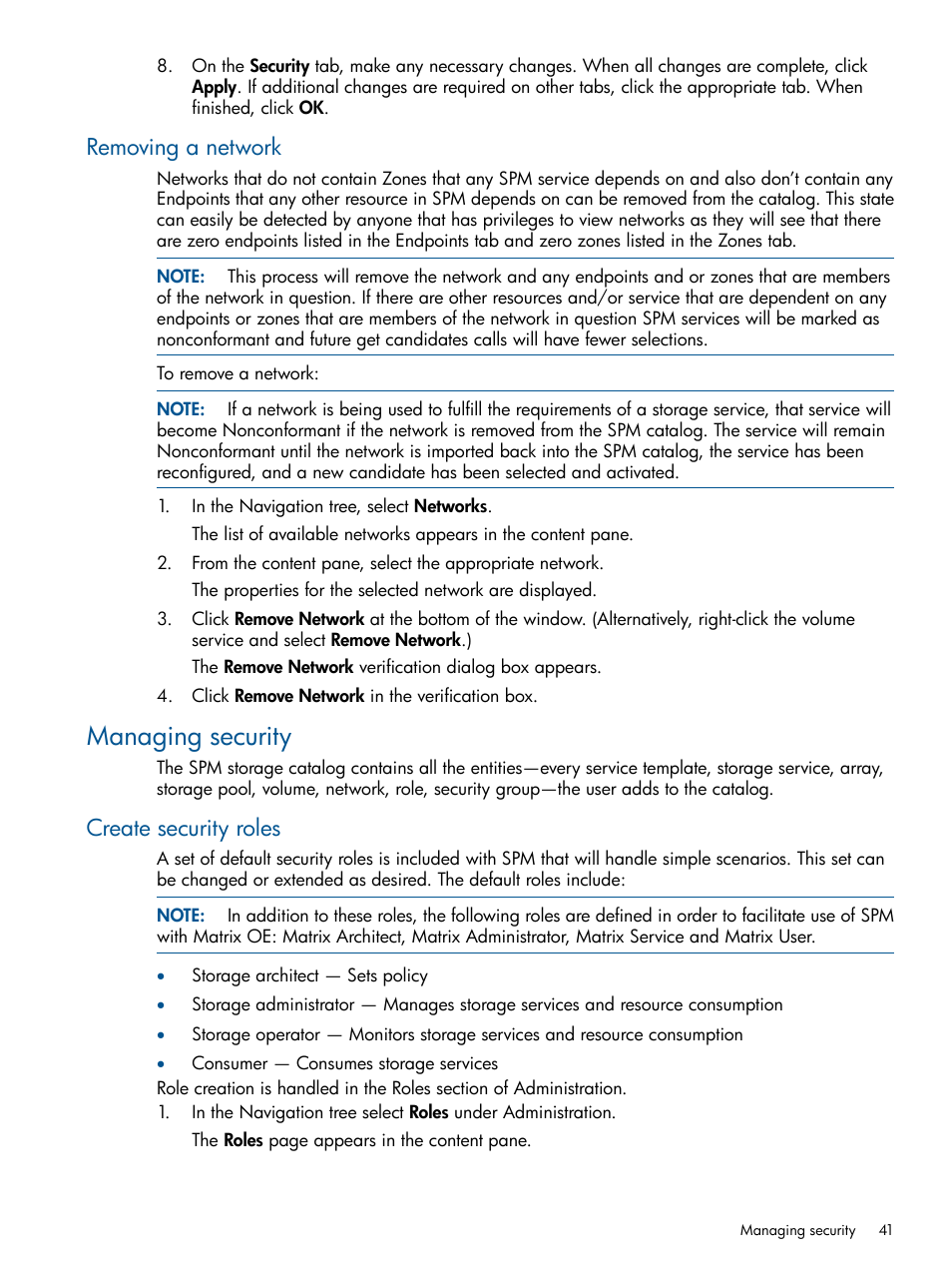 Removing a network, Managing security, Create security roles | HP Matrix Operating Environment Software User Manual | Page 41 / 95