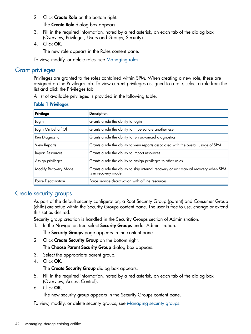 Grant privileges, Create security groups, Grant privileges create security groups | HP Matrix Operating Environment Software User Manual | Page 42 / 95