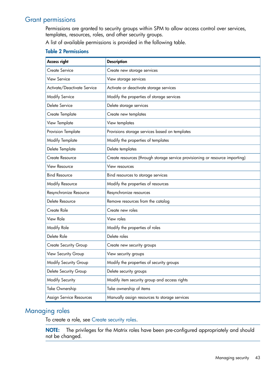 Grant permissions, Managing roles, Grant permissions managing roles | HP Matrix Operating Environment Software User Manual | Page 43 / 95