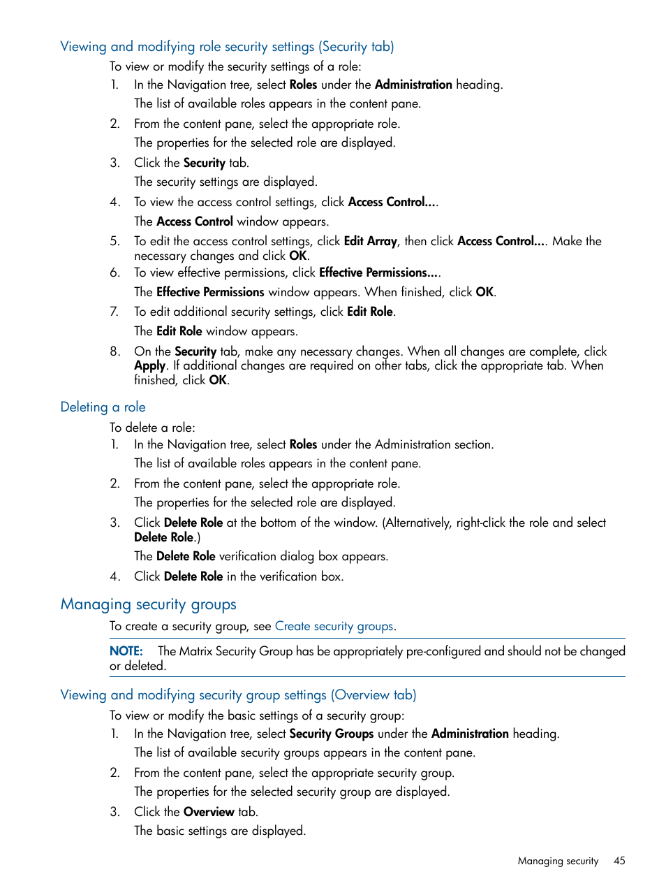 Deleting a role, Managing security groups | HP Matrix Operating Environment Software User Manual | Page 45 / 95