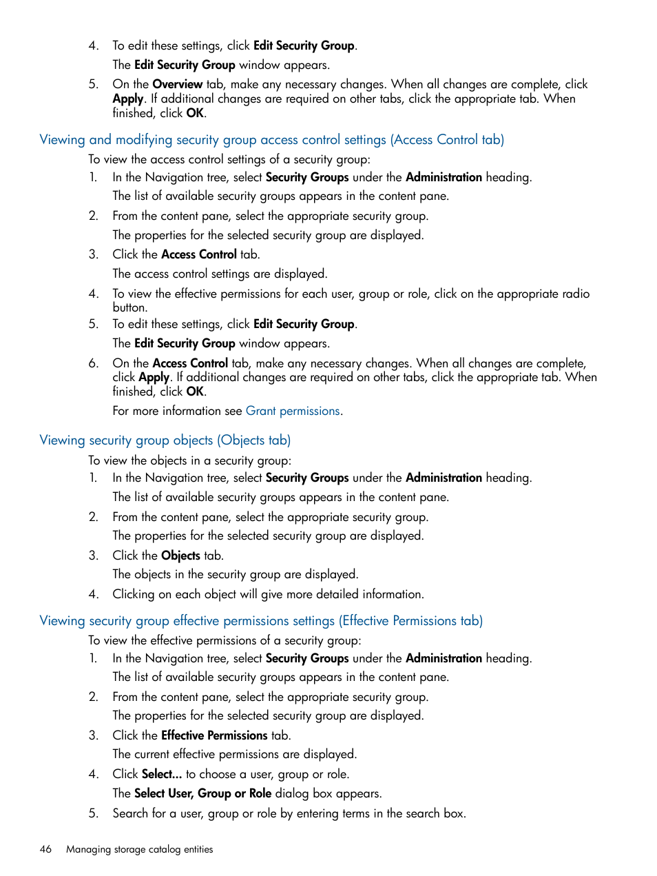 Viewing security group objects (objects tab) | HP Matrix Operating Environment Software User Manual | Page 46 / 95