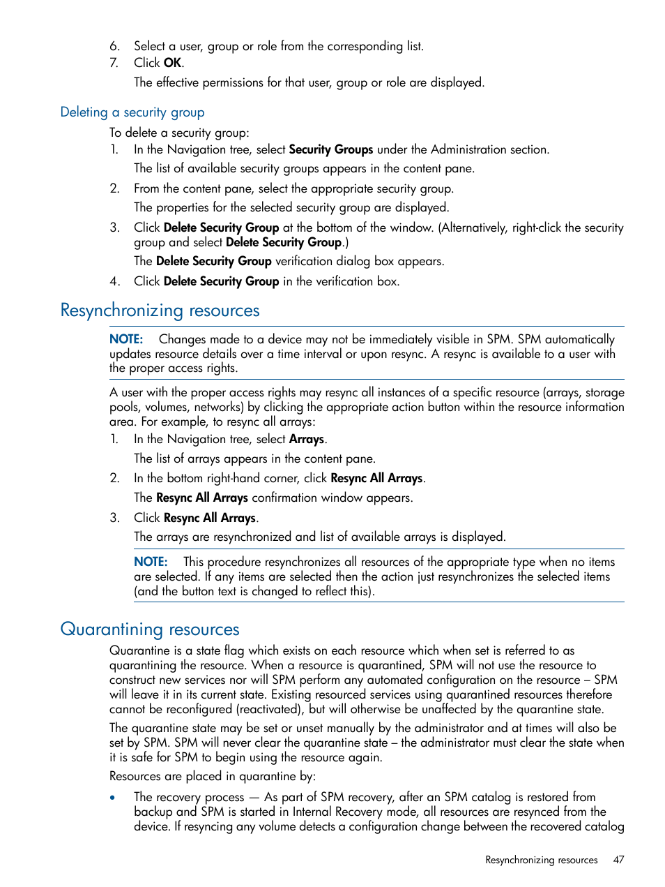 Deleting a security group, Resynchronizing resources, Quarantining resources | Resynchronizing resources quarantining resources | HP Matrix Operating Environment Software User Manual | Page 47 / 95