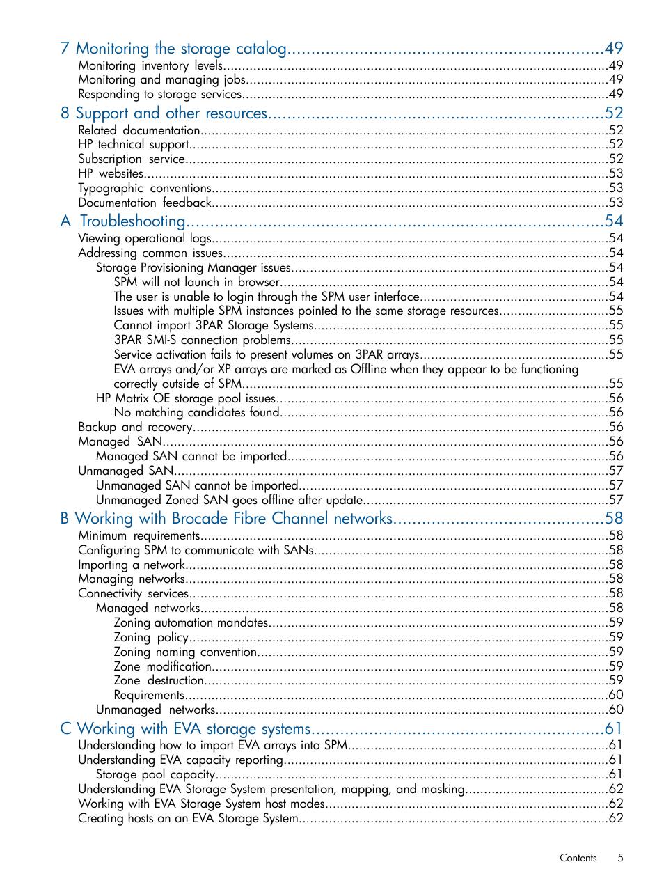 7 monitoring the storage catalog, 8 support and other resources, A troubleshooting | B working with brocade fibre channel networks, C working with eva storage systems | HP Matrix Operating Environment Software User Manual | Page 5 / 95
