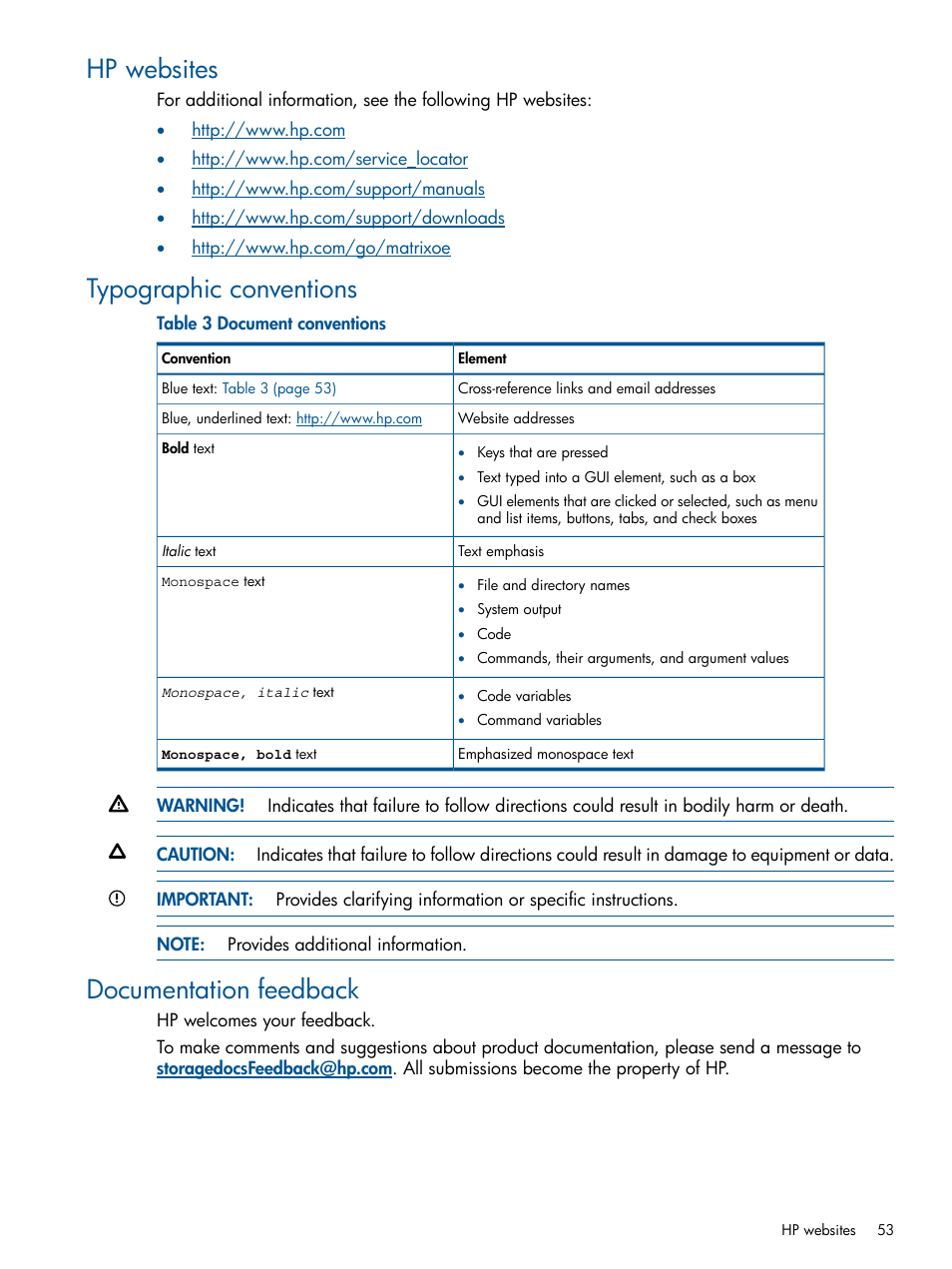 Hp websites, Typographic conventions, Documentation feedback | HP Matrix Operating Environment Software User Manual | Page 53 / 95