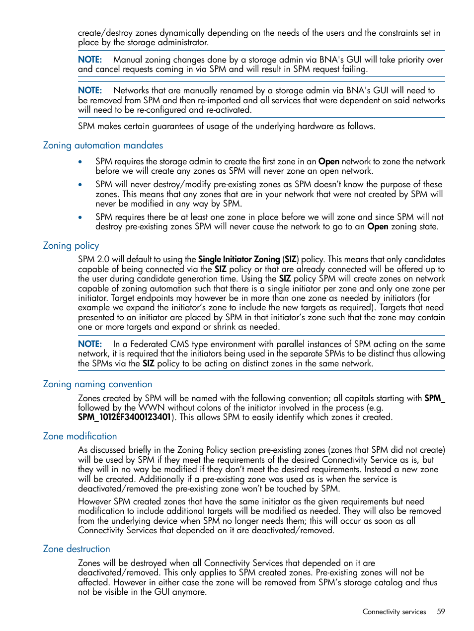 Zoning automation mandates, Zoning policy, Zoning naming convention | Zone modification, Zone destruction | HP Matrix Operating Environment Software User Manual | Page 59 / 95