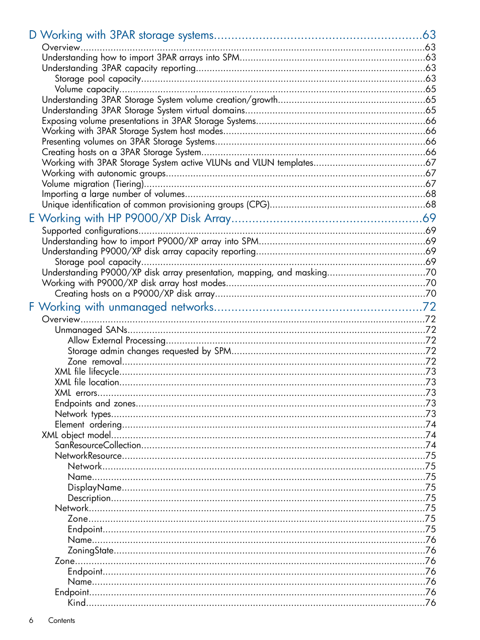 D working with 3par storage systems, E working with hp p9000/xp disk array, F working with unmanaged networks | HP Matrix Operating Environment Software User Manual | Page 6 / 95