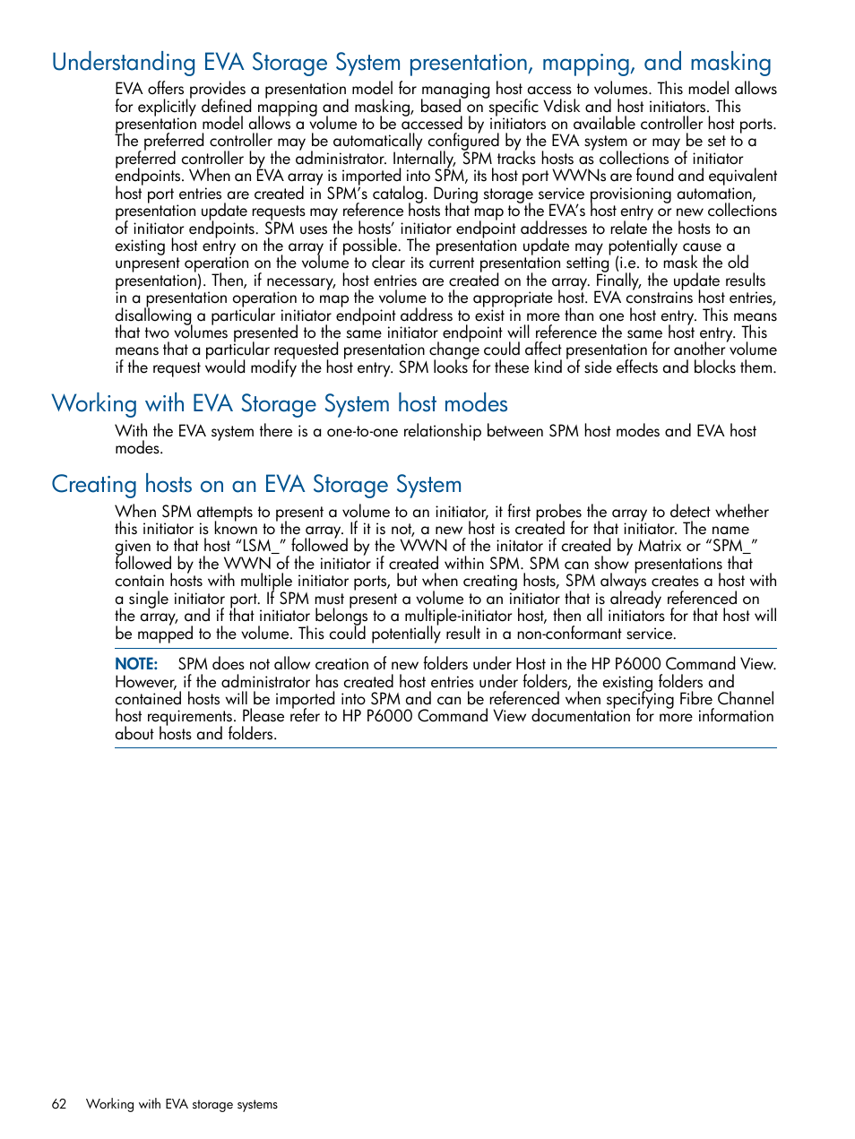 Working with eva storage system host modes, Creating hosts on an eva storage system | HP Matrix Operating Environment Software User Manual | Page 62 / 95