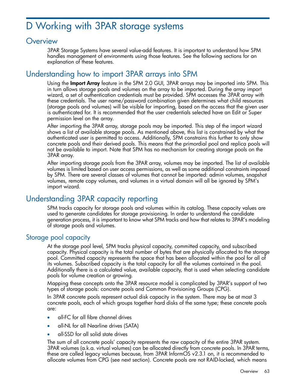 D working with 3par storage systems, Overview, Understanding how to import 3par arrays into spm | Understanding 3par capacity reporting, Storage pool capacity, Working with 3par storage systems | HP Matrix Operating Environment Software User Manual | Page 63 / 95