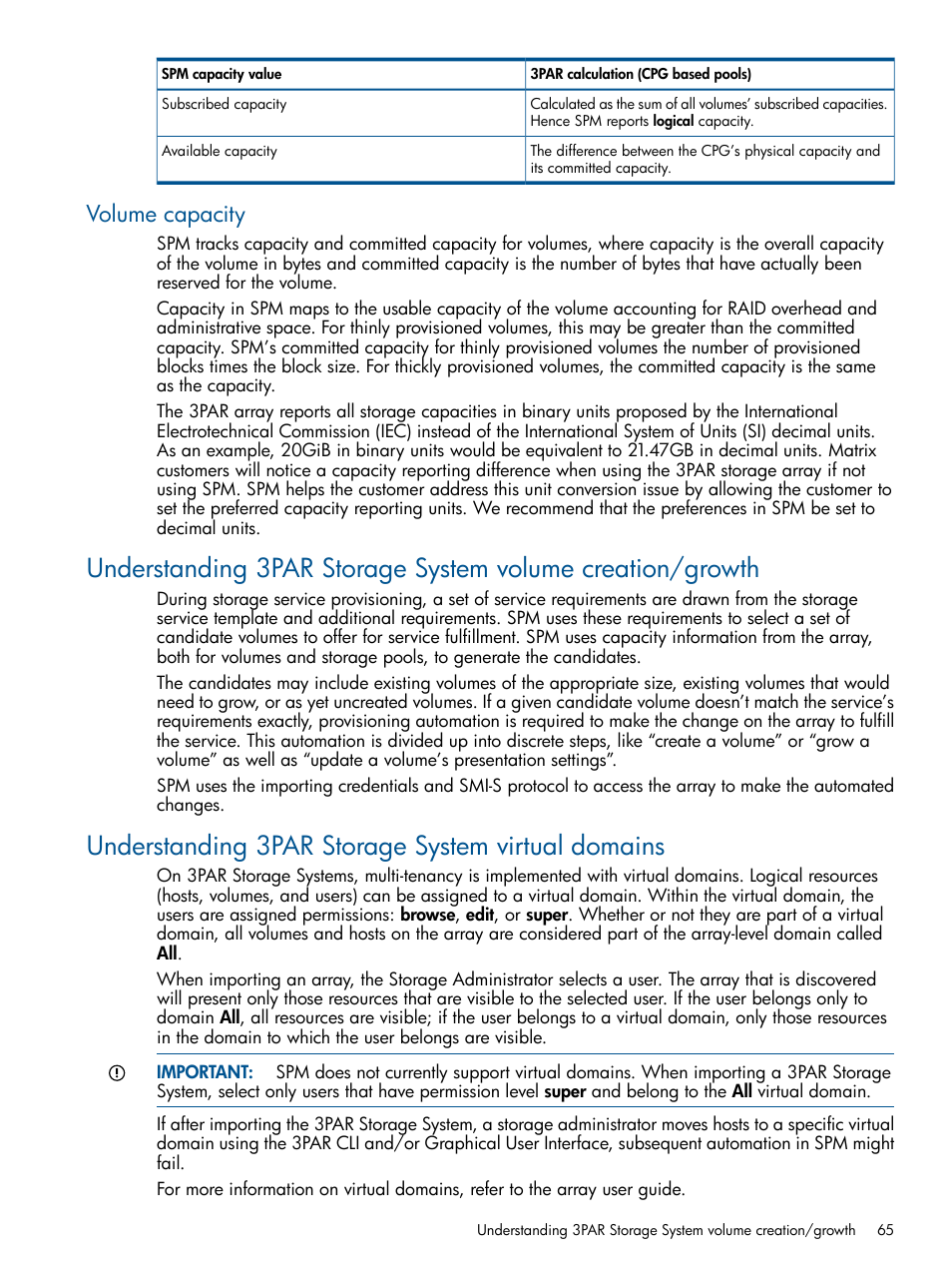 Volume capacity, Understanding 3par storage system virtual domains | HP Matrix Operating Environment Software User Manual | Page 65 / 95