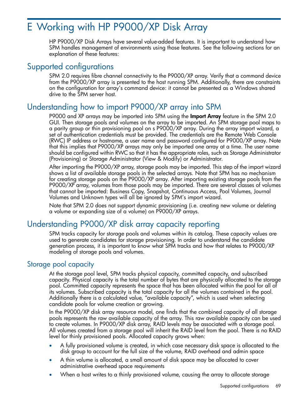 E working with hp p9000/xp disk array, Supported configurations, Storage pool capacity | Working with hp p9000/xp disk array | HP Matrix Operating Environment Software User Manual | Page 69 / 95
