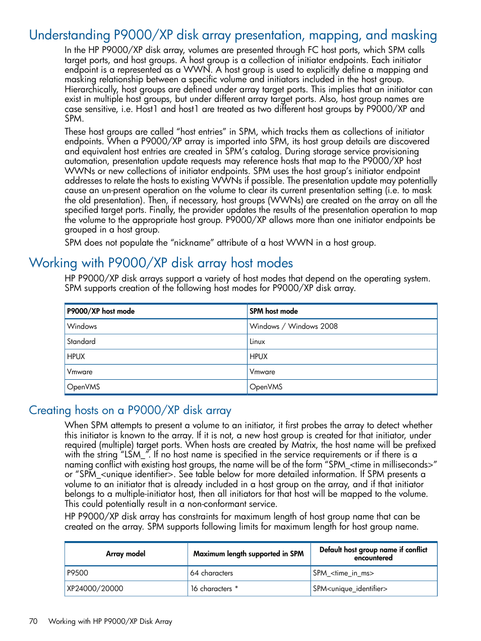 Working with p9000/xp disk array host modes, Creating hosts on a p9000/xp disk array | HP Matrix Operating Environment Software User Manual | Page 70 / 95
