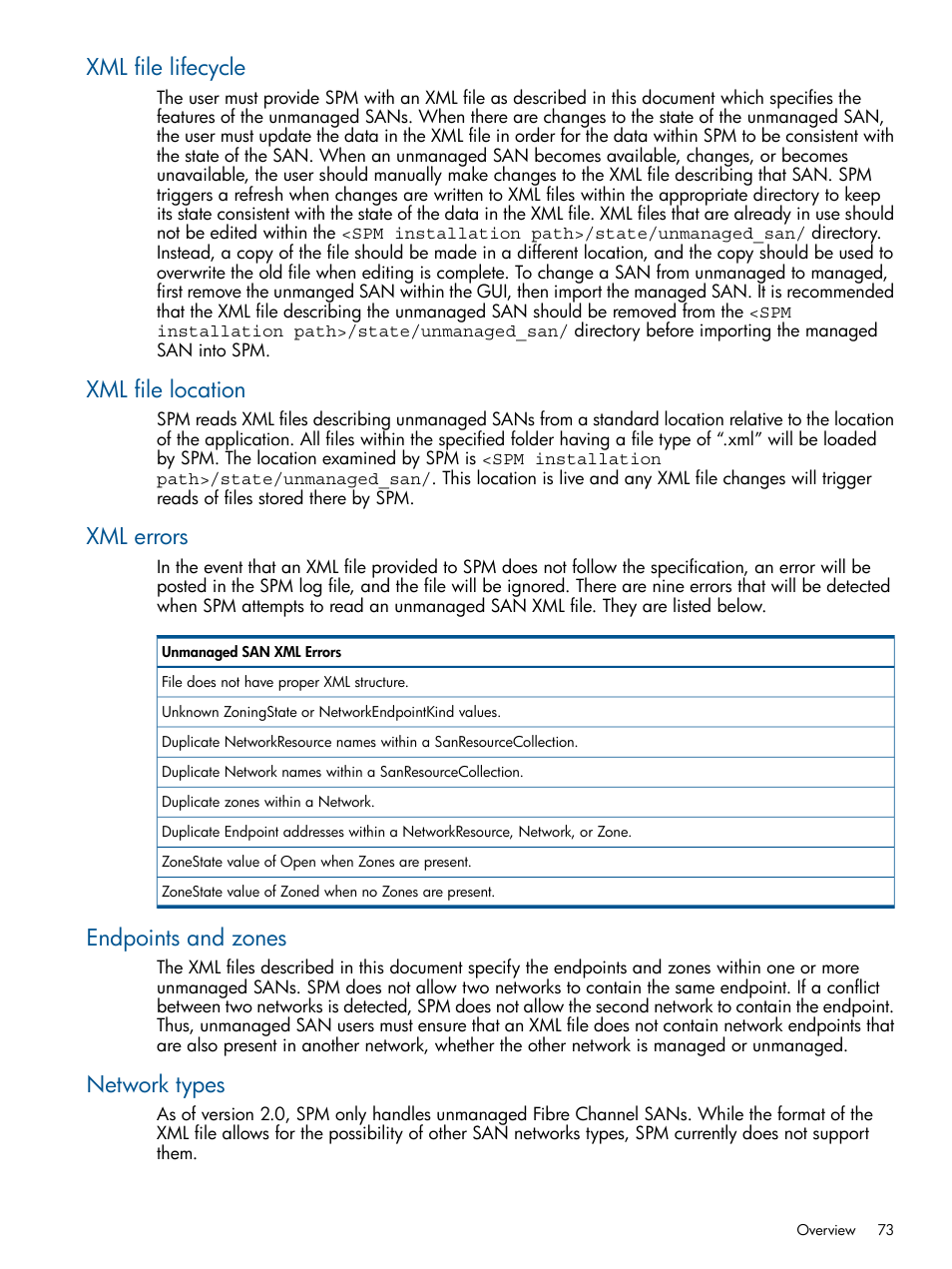 Xml file lifecycle, Xml file location, Xml errors | Endpoints and zones, Network types | HP Matrix Operating Environment Software User Manual | Page 73 / 95