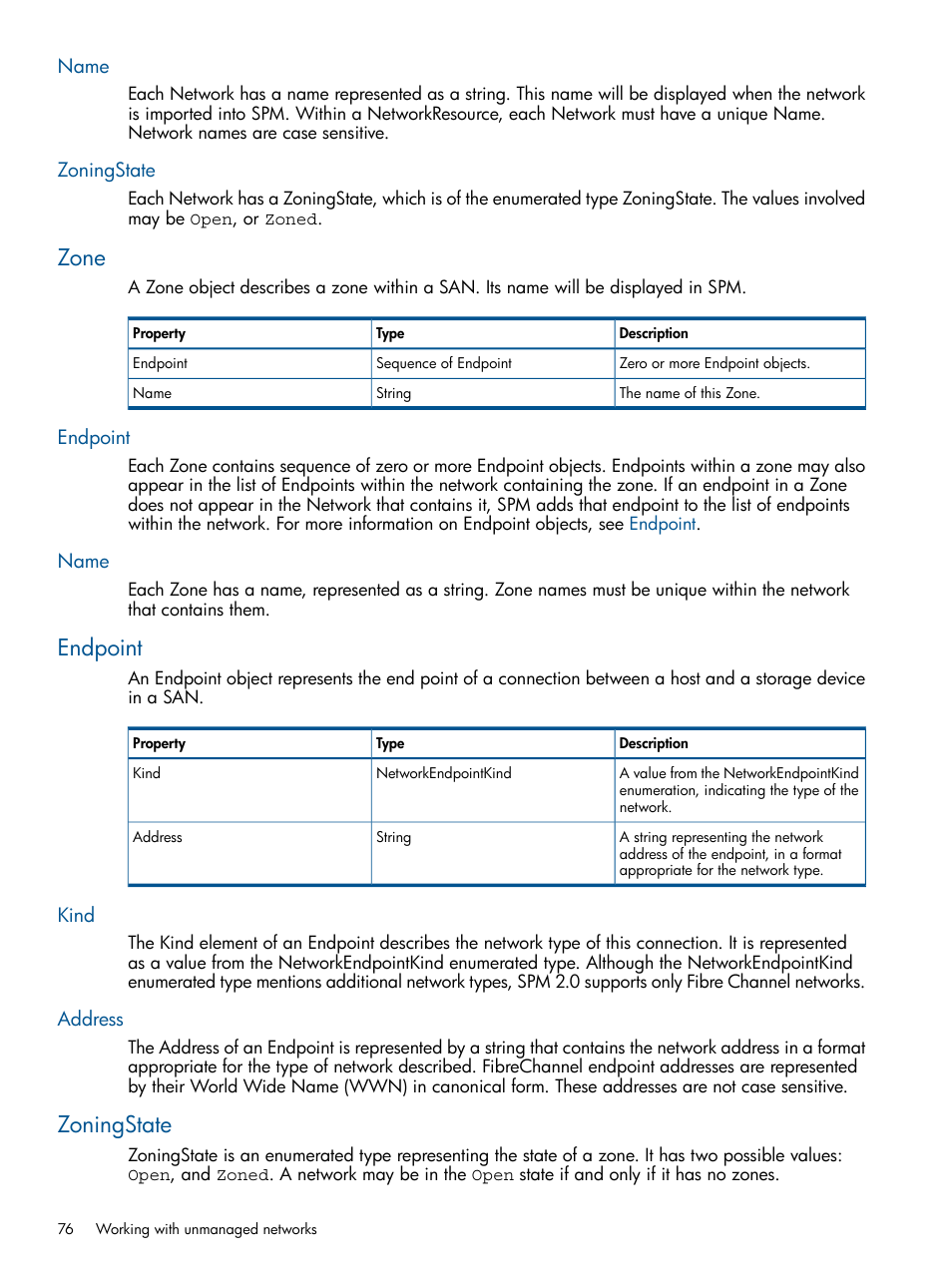 Name, Zoningstate, Zone | Endpoint, Kind, Address, Name zoningstate, Endpoint name | HP Matrix Operating Environment Software User Manual | Page 76 / 95