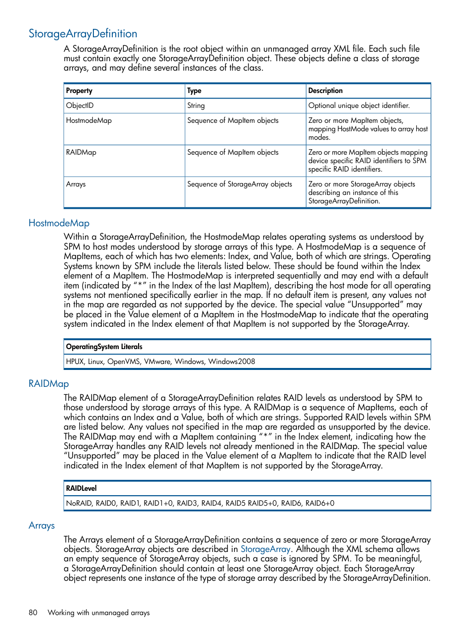 Storagearraydefinition, Hostmodemap, Raidmap | Arrays, Hostmodemap raidmap arrays | HP Matrix Operating Environment Software User Manual | Page 80 / 95