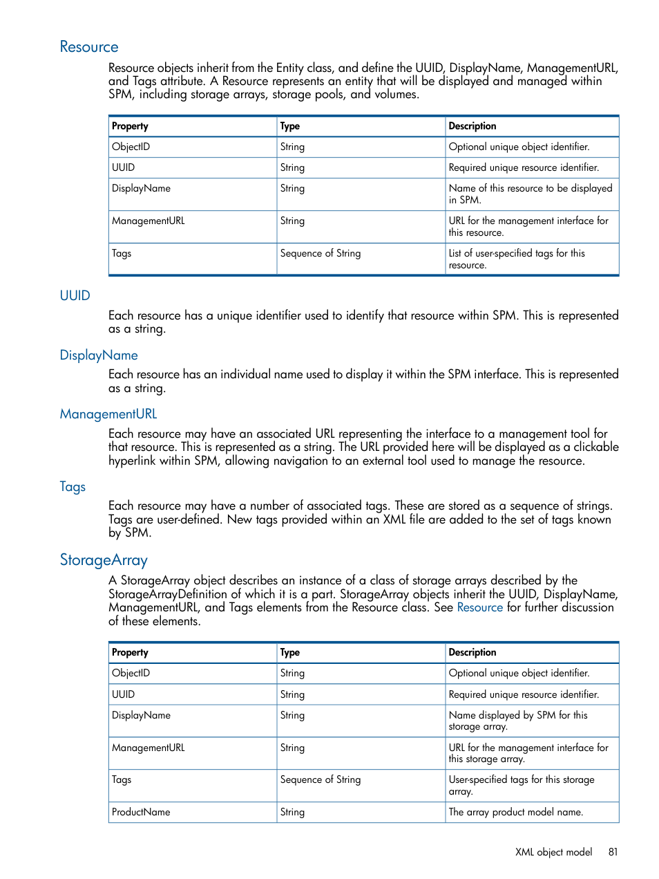 Resource, Uuid, Displayname | Managementurl, Tags, Storagearray, Uuid displayname managementurl tags | HP Matrix Operating Environment Software User Manual | Page 81 / 95