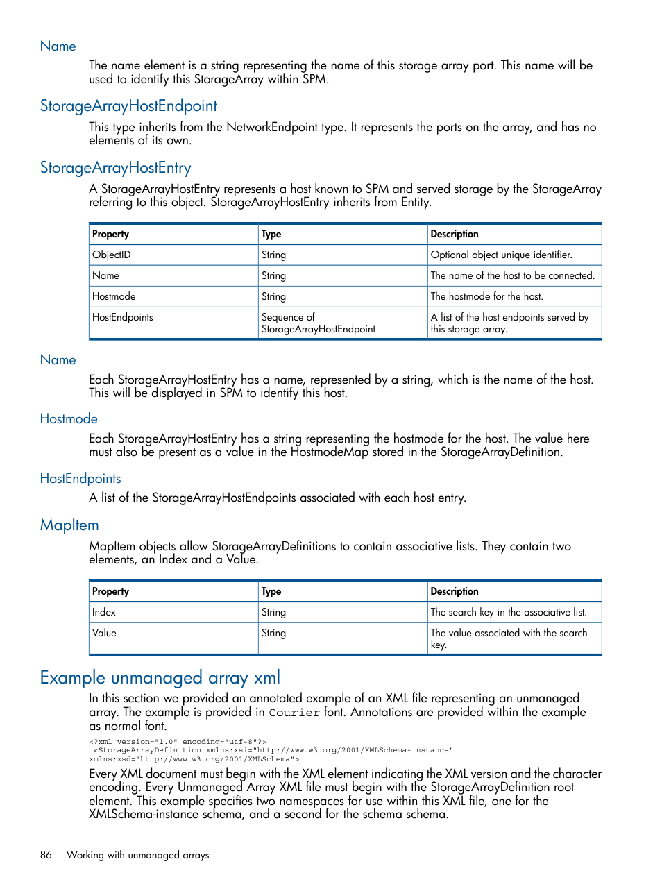 Name, Storagearrayhostendpoint, Storagearrayhostentry | Hostmode, Hostendpoints, Mapitem, Example unmanaged array xml, Storagearrayhostendpoint storagearrayhostentry, Name hostmode hostendpoints | HP Matrix Operating Environment Software User Manual | Page 86 / 95