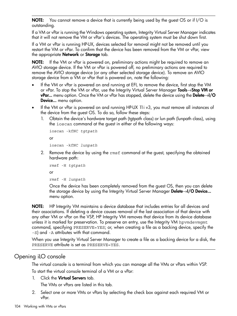 Opening ilo console | HP Matrix Operating Environment Software User Manual | Page 104 / 142