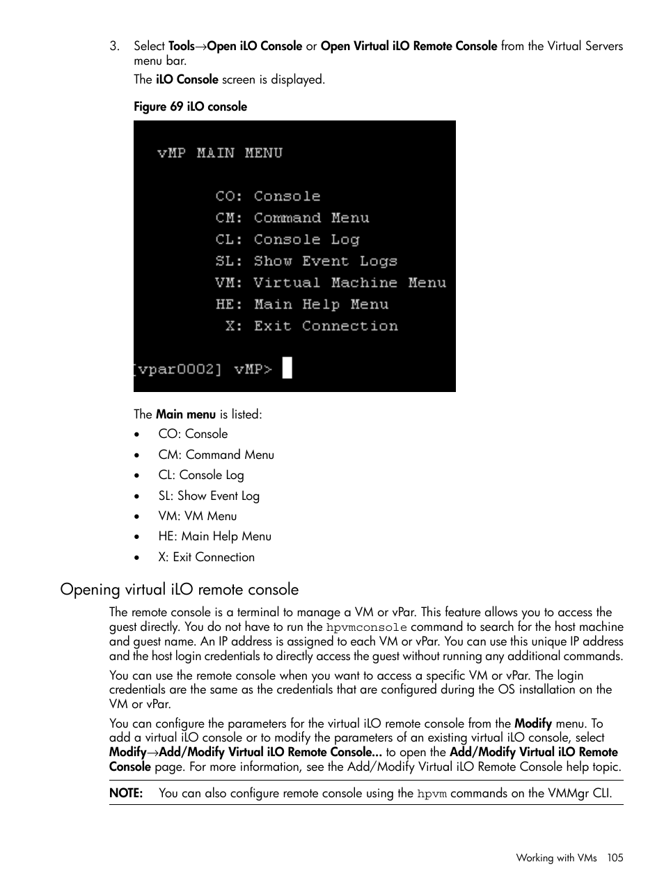 Opening virtual ilo remote console | HP Matrix Operating Environment Software User Manual | Page 105 / 142