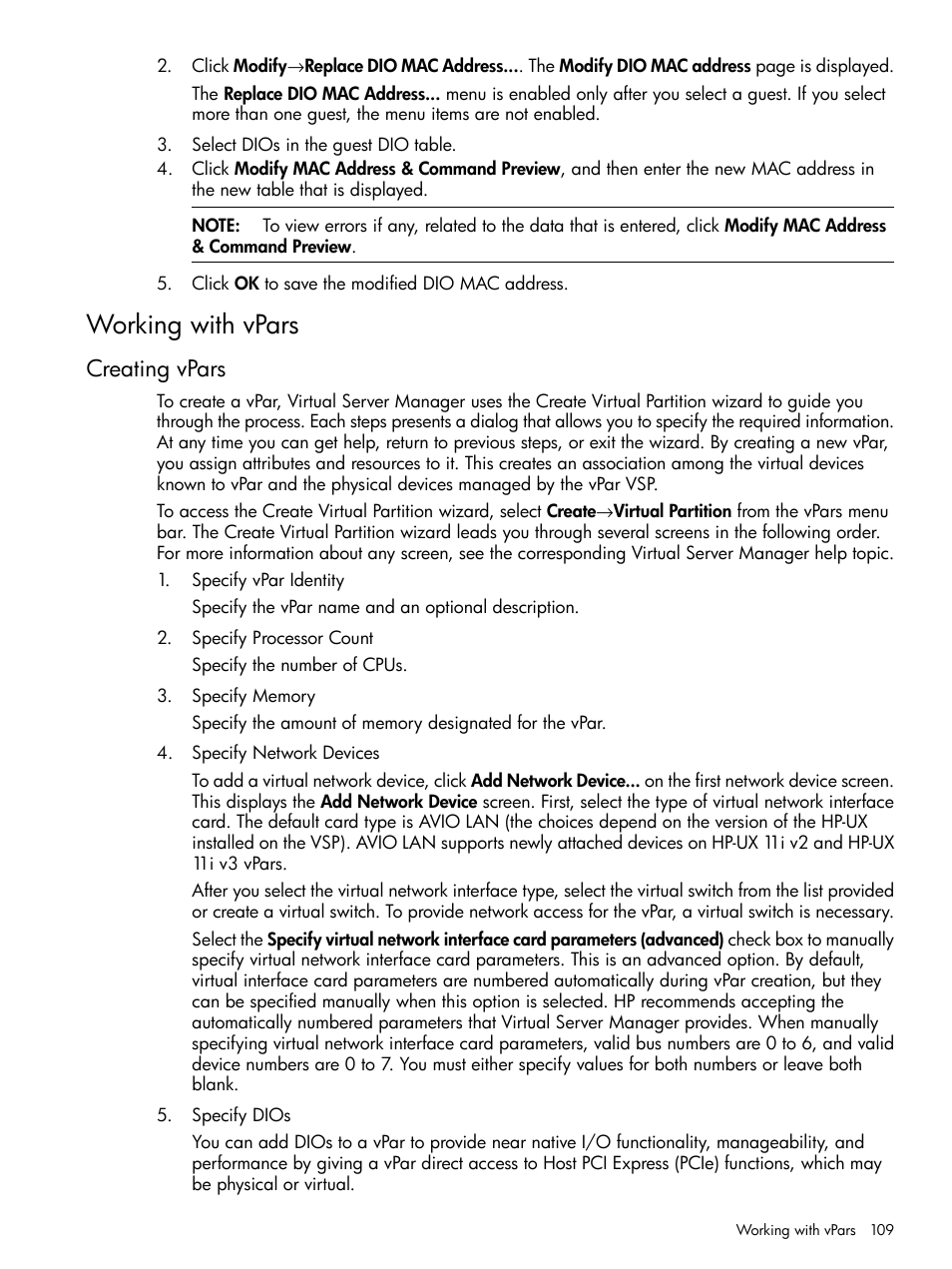 Working with vpars, Creating vpars | HP Matrix Operating Environment Software User Manual | Page 109 / 142