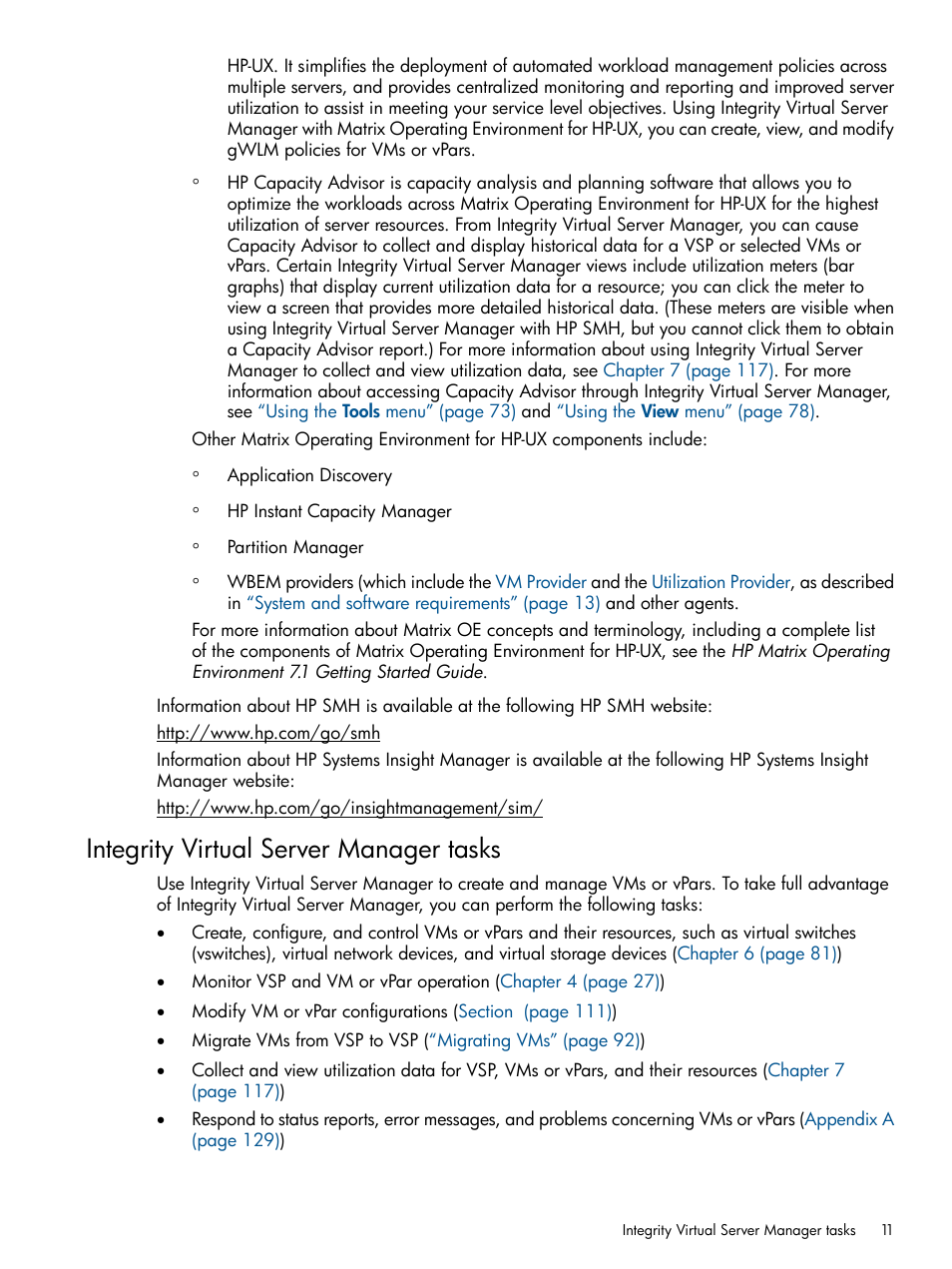 Integrity virtual server manager tasks | HP Matrix Operating Environment Software User Manual | Page 11 / 142