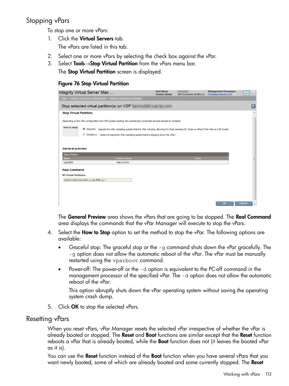 Stopping vpars, Resetting vpars, Stopping vpars resetting vpars | HP Matrix Operating Environment Software User Manual | Page 113 / 142