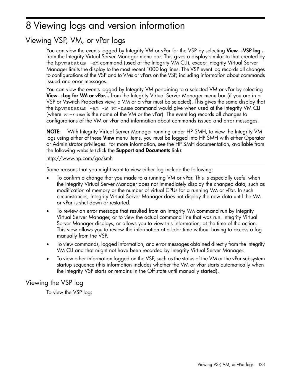 8 viewing logs and version information, Viewing vsp, vm, or vpar logs, Viewing the vsp log | HP Matrix Operating Environment Software User Manual | Page 123 / 142