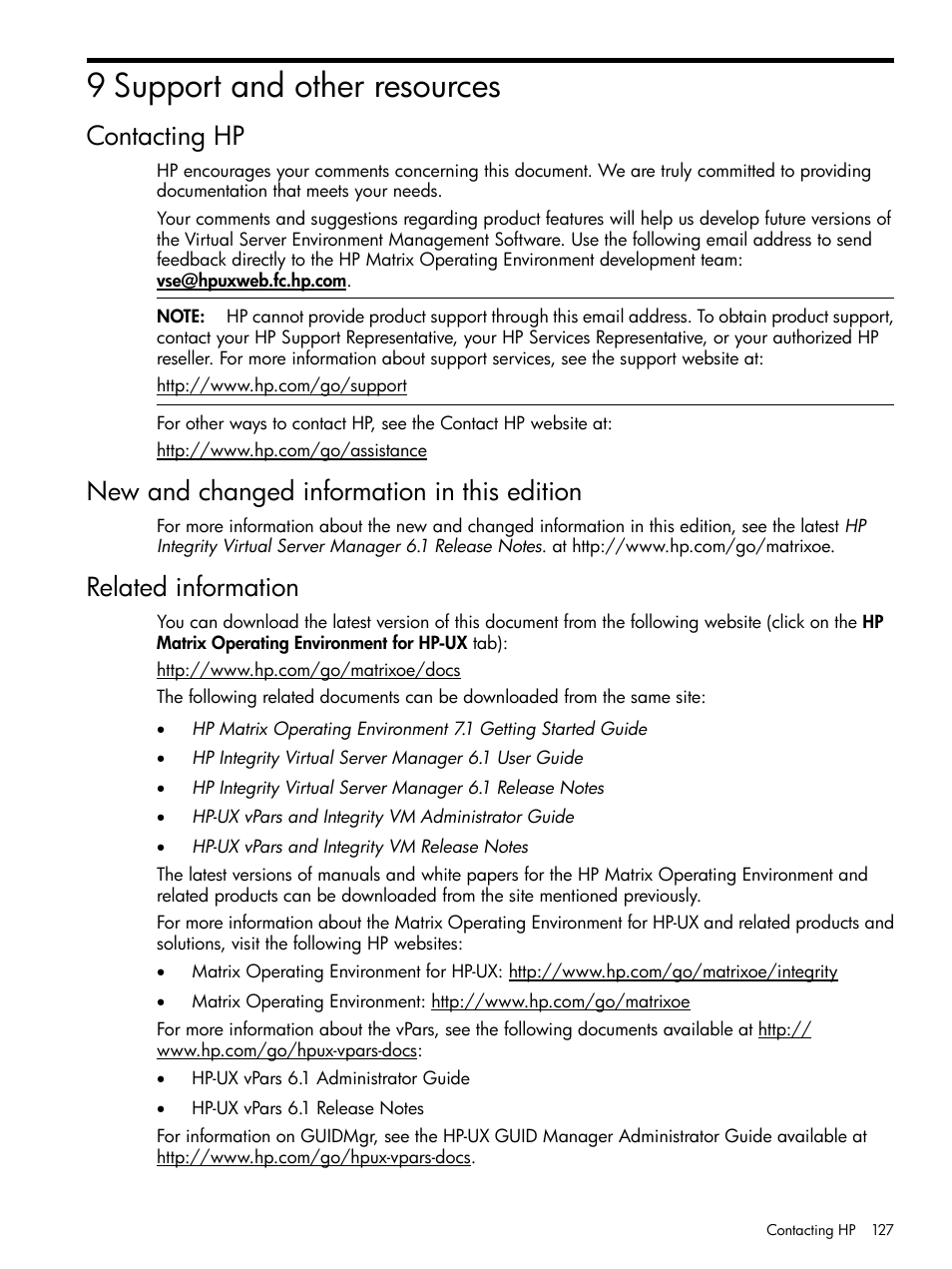 9 support and other resources, Contacting hp, New and changed information in this edition | Related information | HP Matrix Operating Environment Software User Manual | Page 127 / 142
