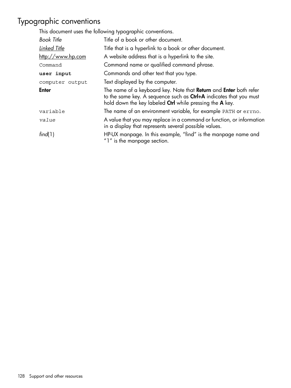 Typographic conventions | HP Matrix Operating Environment Software User Manual | Page 128 / 142