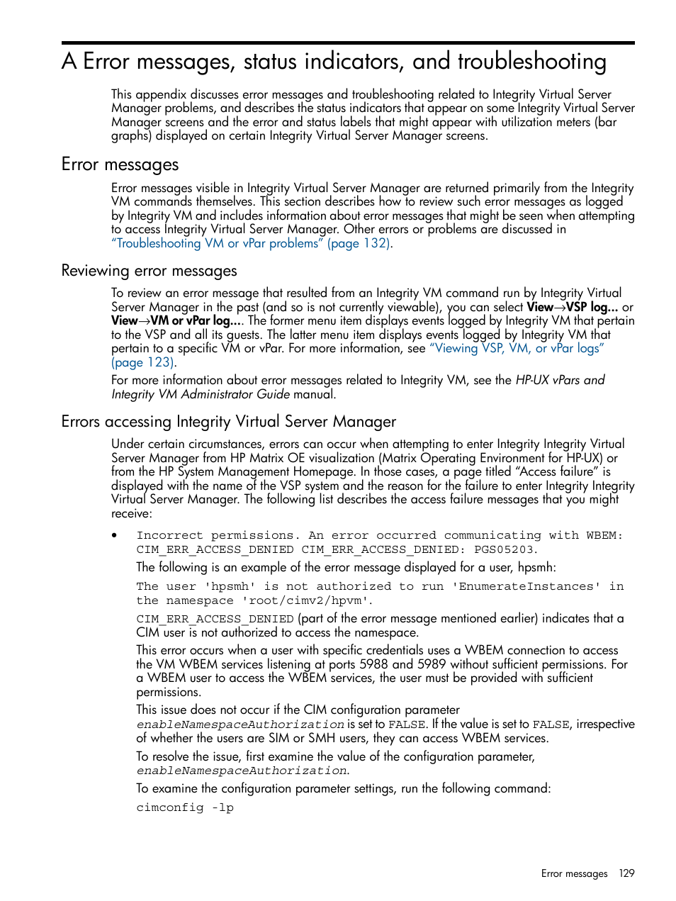 Error messages, Reviewing error messages, Errors accessing integrity virtual server manager | Appendix a | HP Matrix Operating Environment Software User Manual | Page 129 / 142