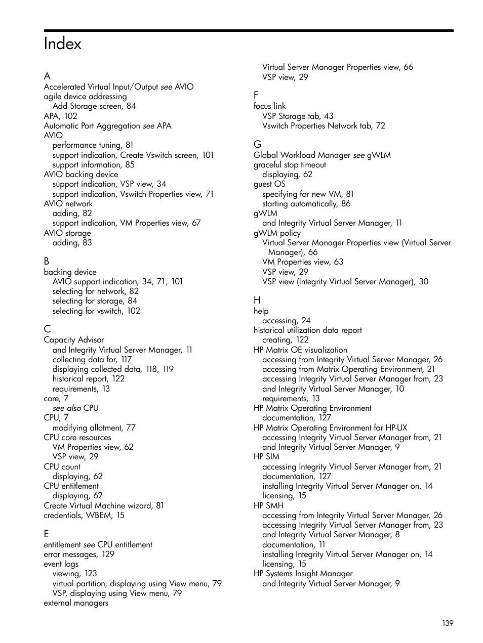 Index | HP Matrix Operating Environment Software User Manual | Page 139 / 142