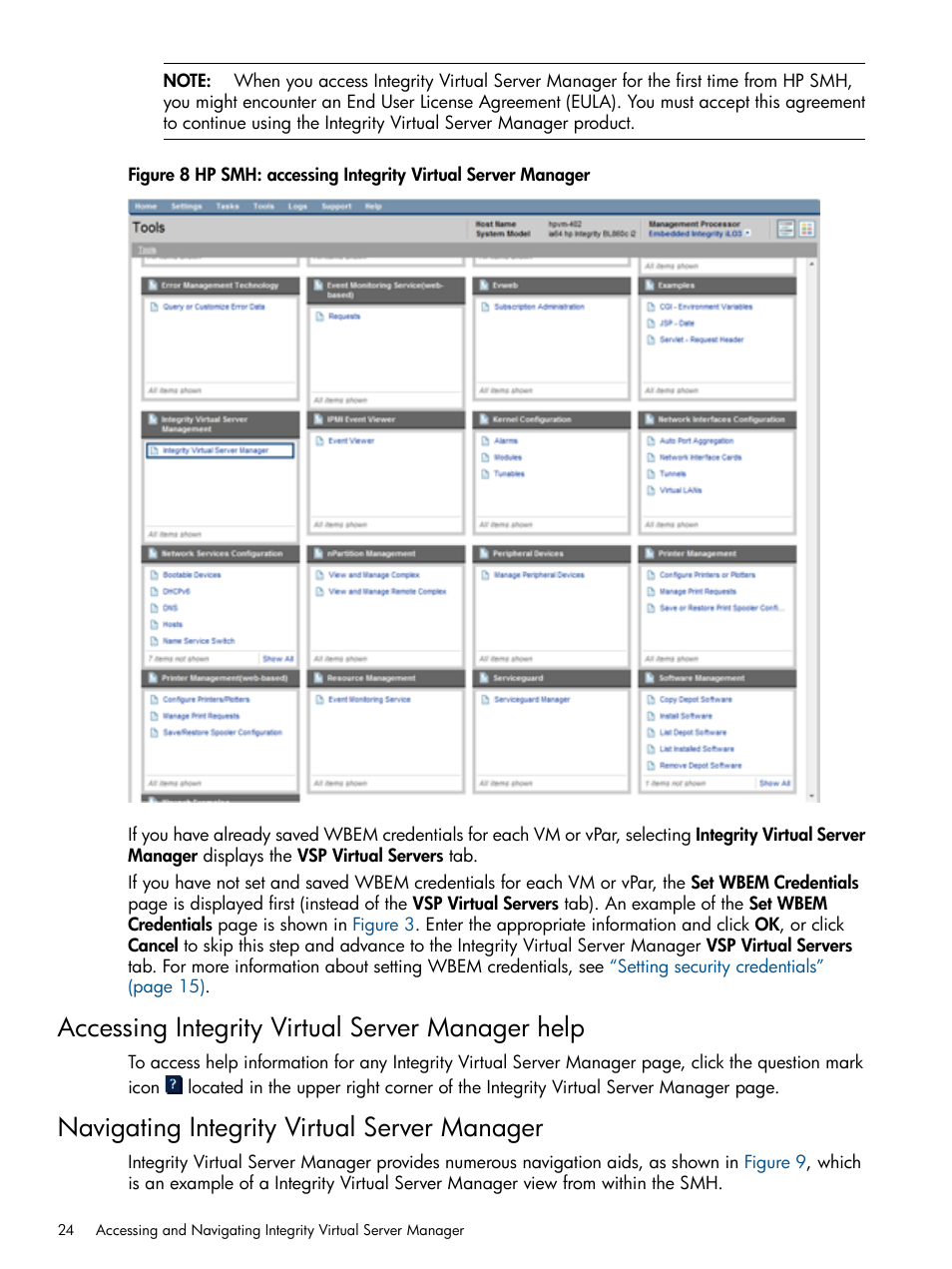 Accessing integrity virtual server manager help, Navigating integrity virtual server manager, Figure 8 | HP Matrix Operating Environment Software User Manual | Page 24 / 142