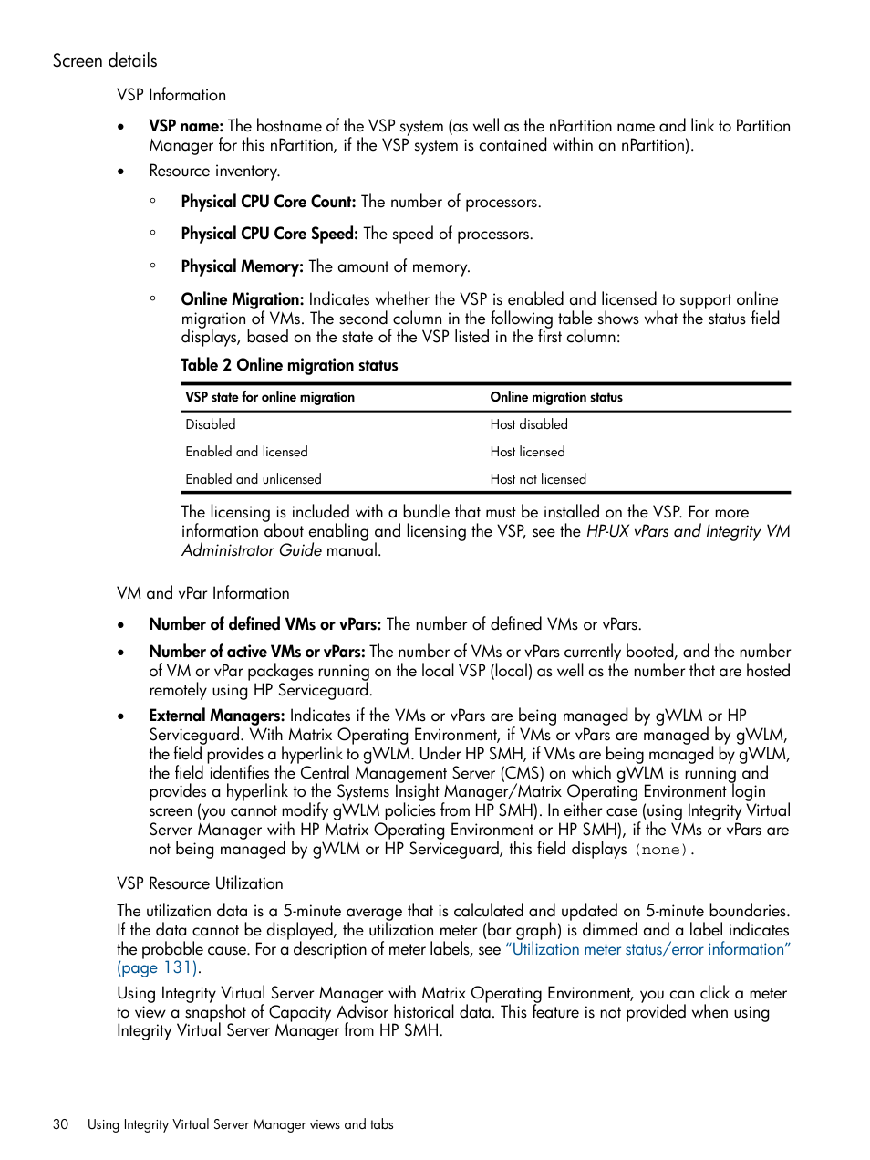 Screen details | HP Matrix Operating Environment Software User Manual | Page 30 / 142