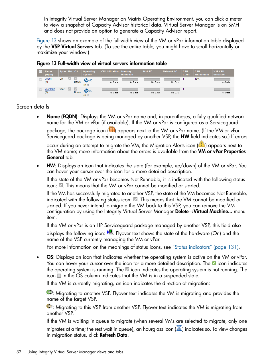 Screen details | HP Matrix Operating Environment Software User Manual | Page 32 / 142