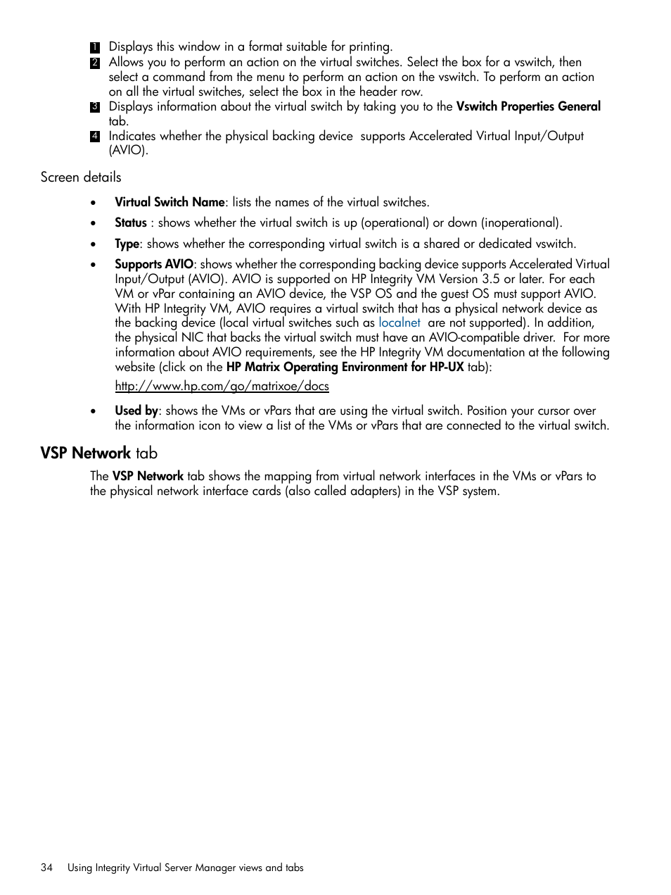 Screen details, Vsp network tab | HP Matrix Operating Environment Software User Manual | Page 34 / 142